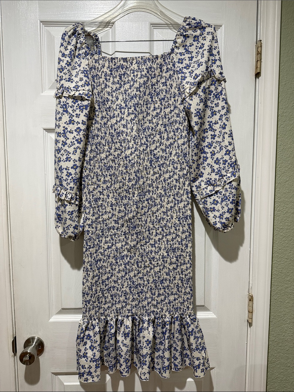 Smocked Blue Floral Midi Dress with Ruffle Hem
